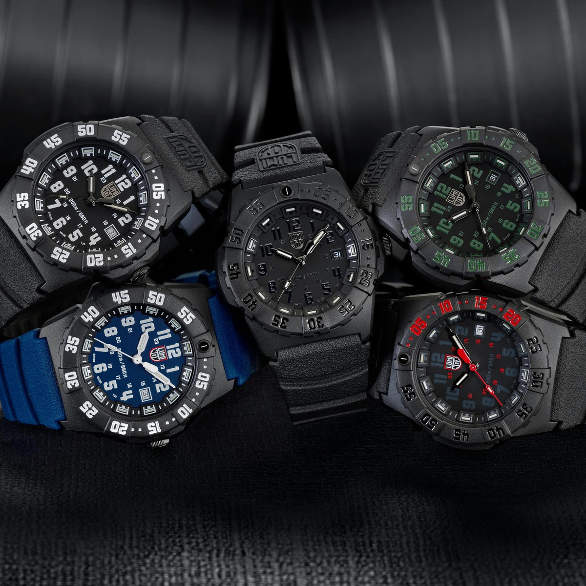 Luminox Navy SEAL 3550 Series XS.3565 group layout view displaying watch collection alongside related models