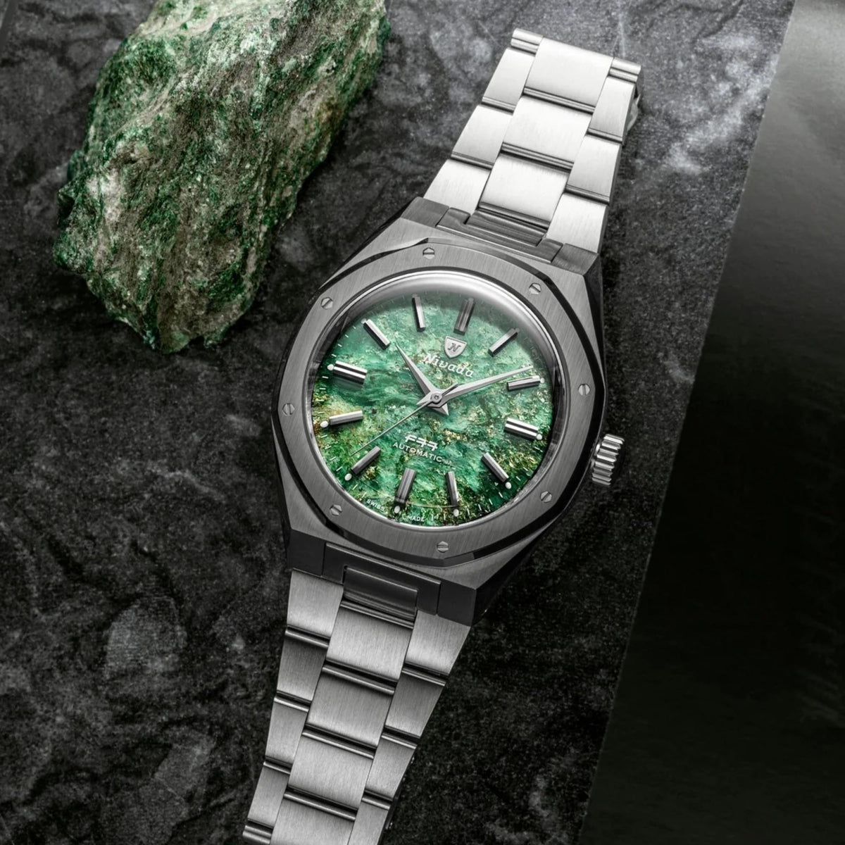 Nivada Grenchen F77 MK2 38mm Green Dial Steel Mens Automatic Watch 68053A77