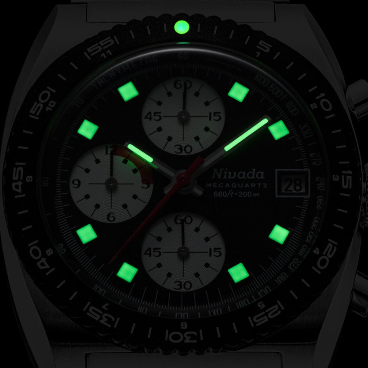 Nivada Grenchen Autochron Mecaquartz 38mm Reverse Panda Black Dial Leather Mens Quartz Watch 77007Q10