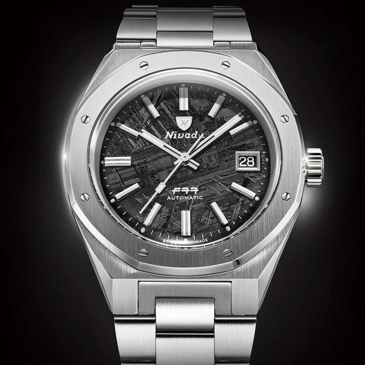 Nivada Grenchen F77 MK2 41mm Meteorite Dial Steel Mens Automatic Watch 69041A77C