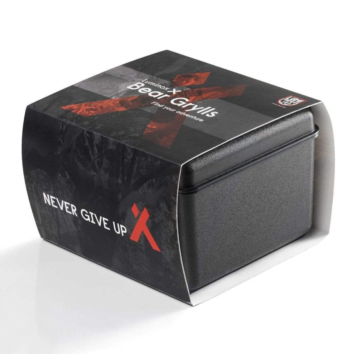 Luminox Bear Grylls watch Gift box with black design and “NEVER GIVE UP” branding