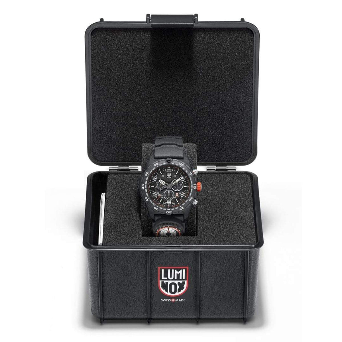 Men’s Black rubber strap watch displayed in a black storage case
