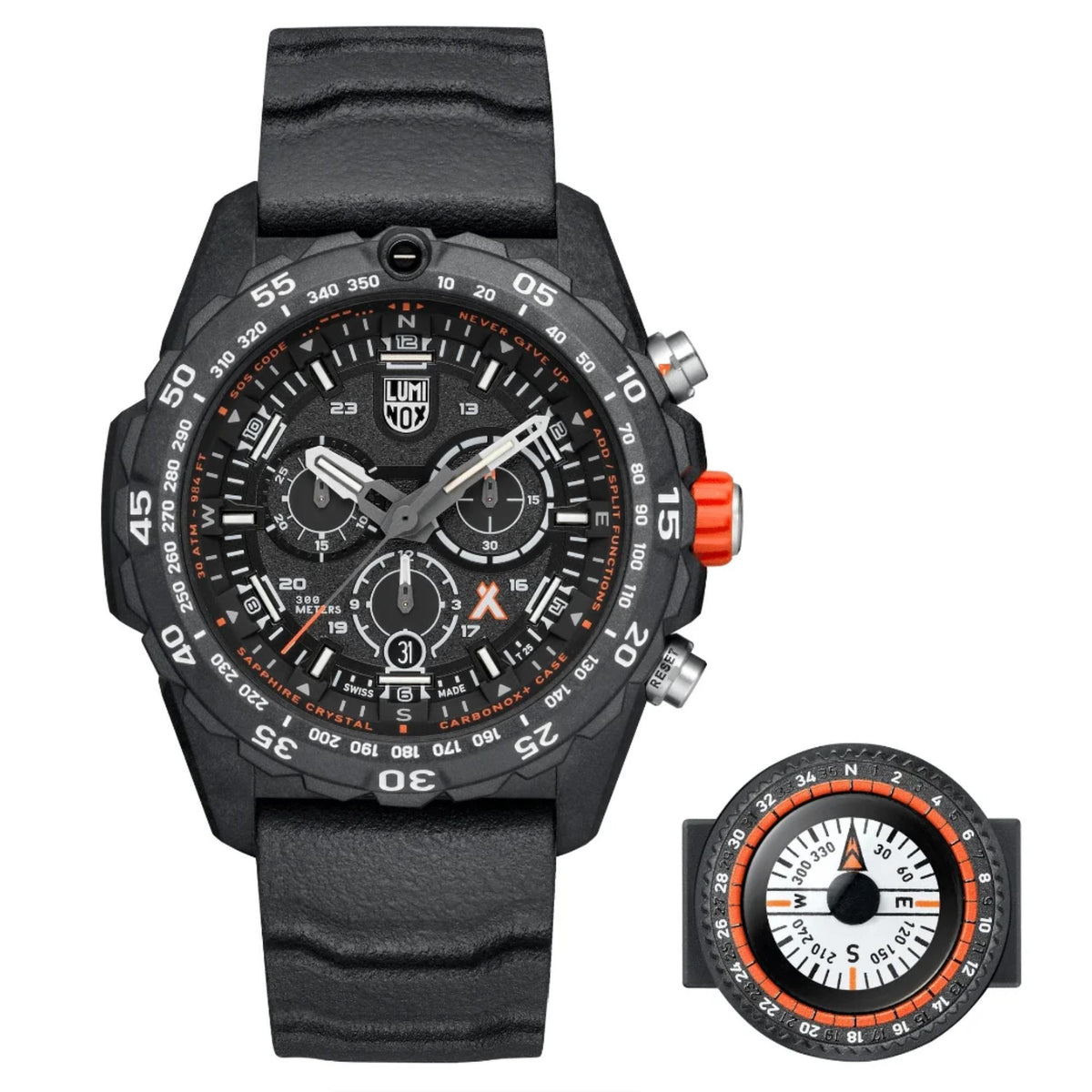 Men’s black rubber strap quartz watch with black dial and orange bezel detail, plus bezel insert