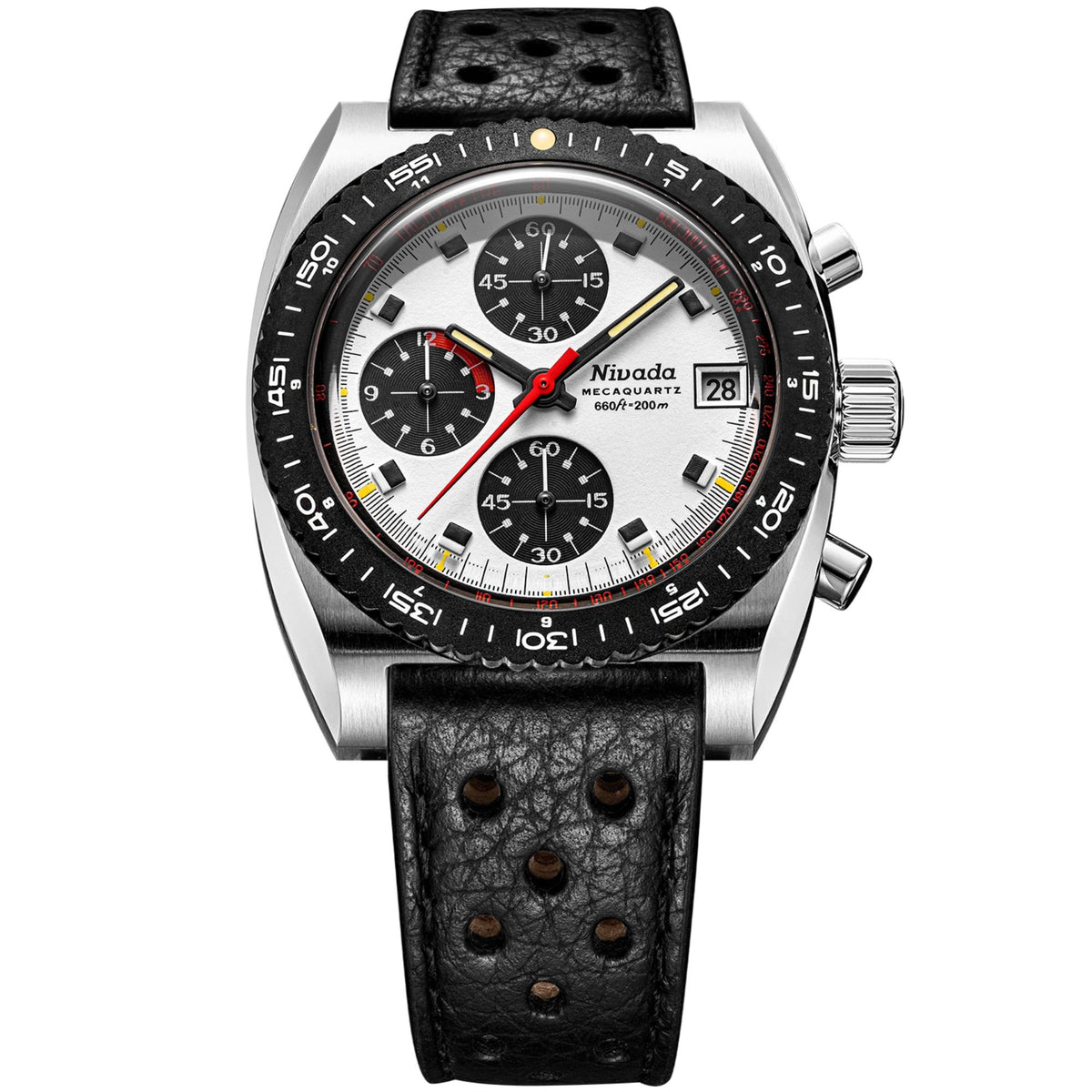 Nivada Grenchen Autochron Mecaquartz 38mm Panda Chronograph White Dial Leather Mens Quartz Watch 77006Q10