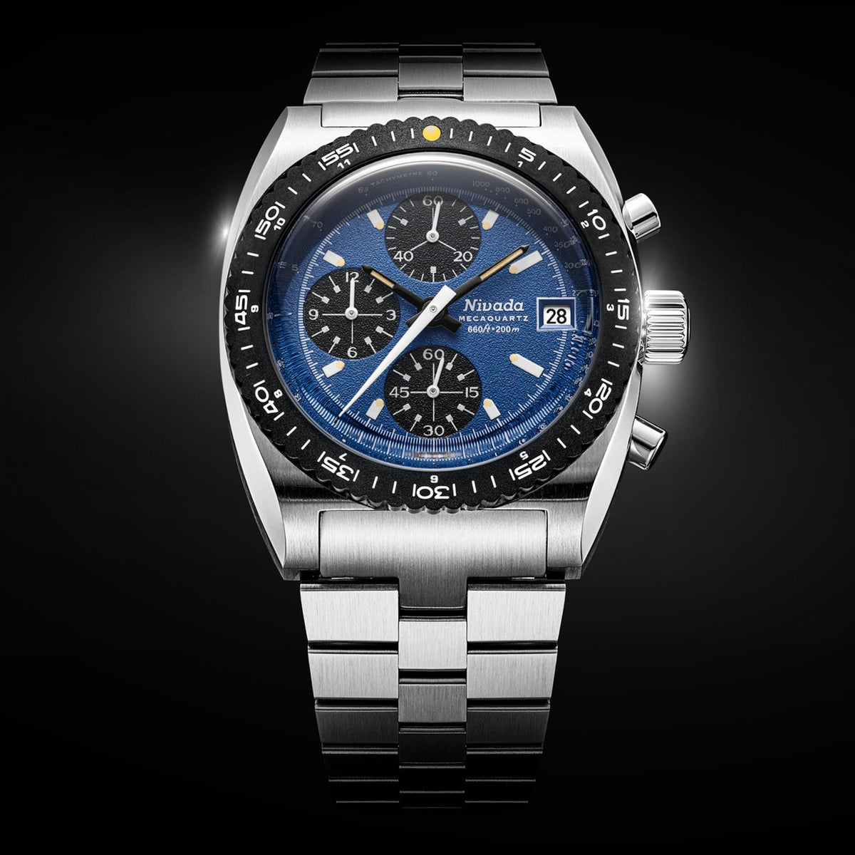 Nivada Grenchen Autochron Mecaquartz 38mm Chronograph Blue Dial Steel Mens Quartz Watch 77005Q45