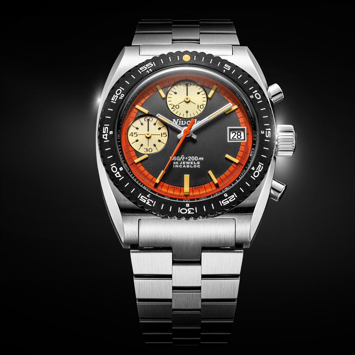 Nivada Grenchen Autochron 38mm Orange Chronograph Black Dial Steel Mens Automatic Watch 77004A45