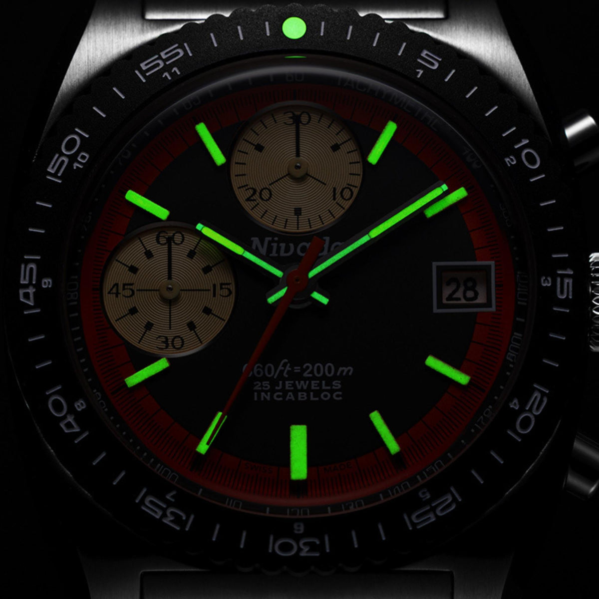 Nivada Grenchen Autochron 38mm Orange Chronograph Black Dial Leather Mens Automatic Watch 77004A10