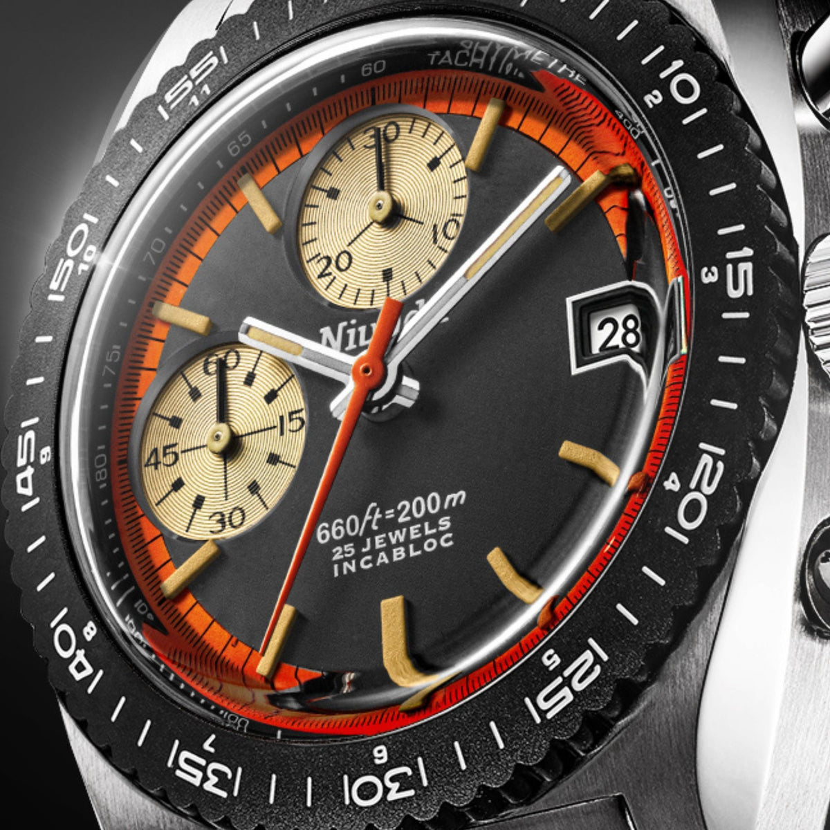 Nivada Grenchen Autochron 38mm Orange Chronograph Black Dial Leather Mens Automatic Watch 77004A10