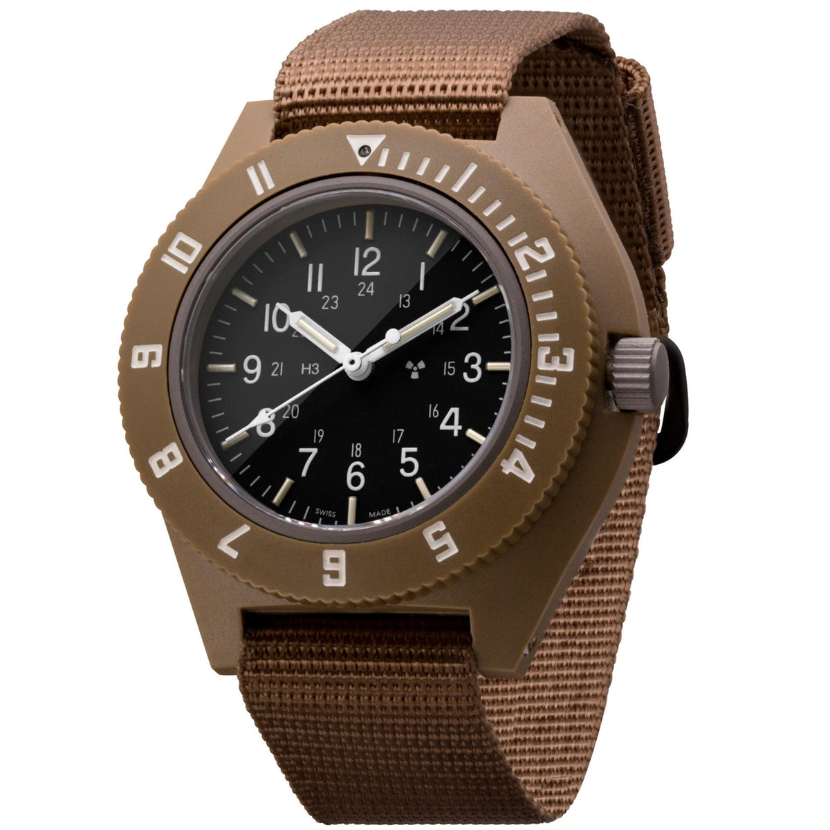 Marathon Navigator quartz watch WW194001DT-0802 case profile showing its black dial, desert tan bezel, and matching ballistic nylon strap