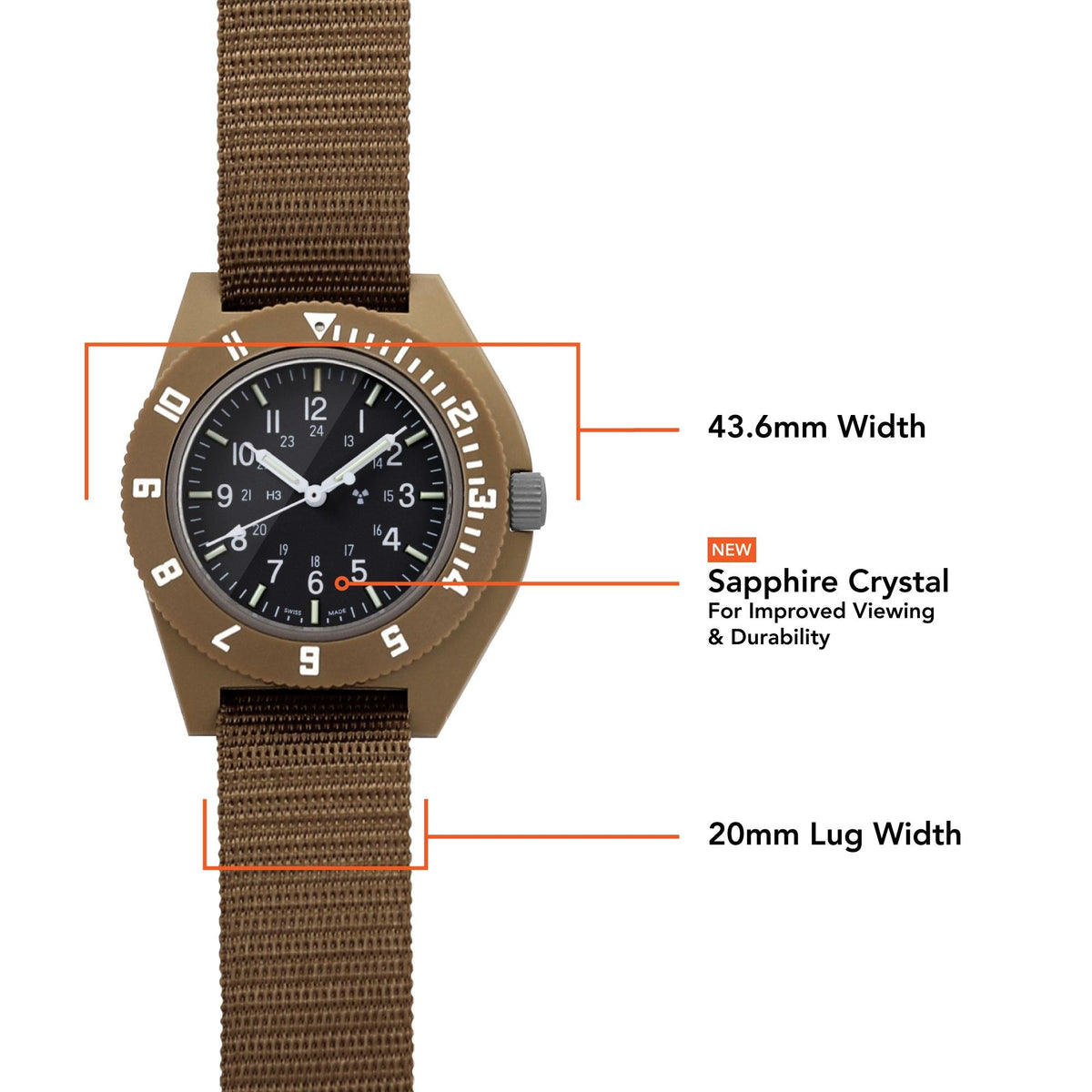 Marathon Navigator WW194001DT-0802 mens watch diagram highlighting 43.6mm case width, sapphire crystal, and 20mm lug width