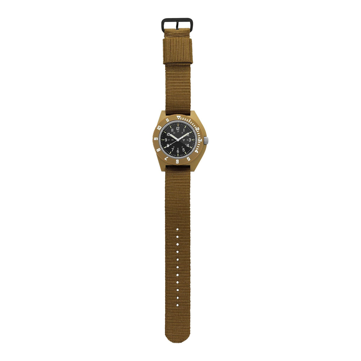 Marathon Navigator WW194001DT-0802 mens wrist watch displaying black dial, tan composite case, and full-length nylon strap
