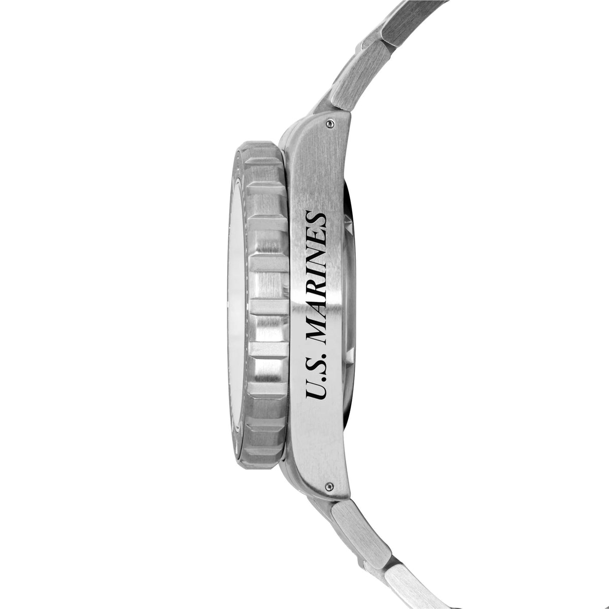 Marathon GSAR Official USMC WW194006SS-0208 mens automatic wrist watch side profile highlighting engraved US Marines case text