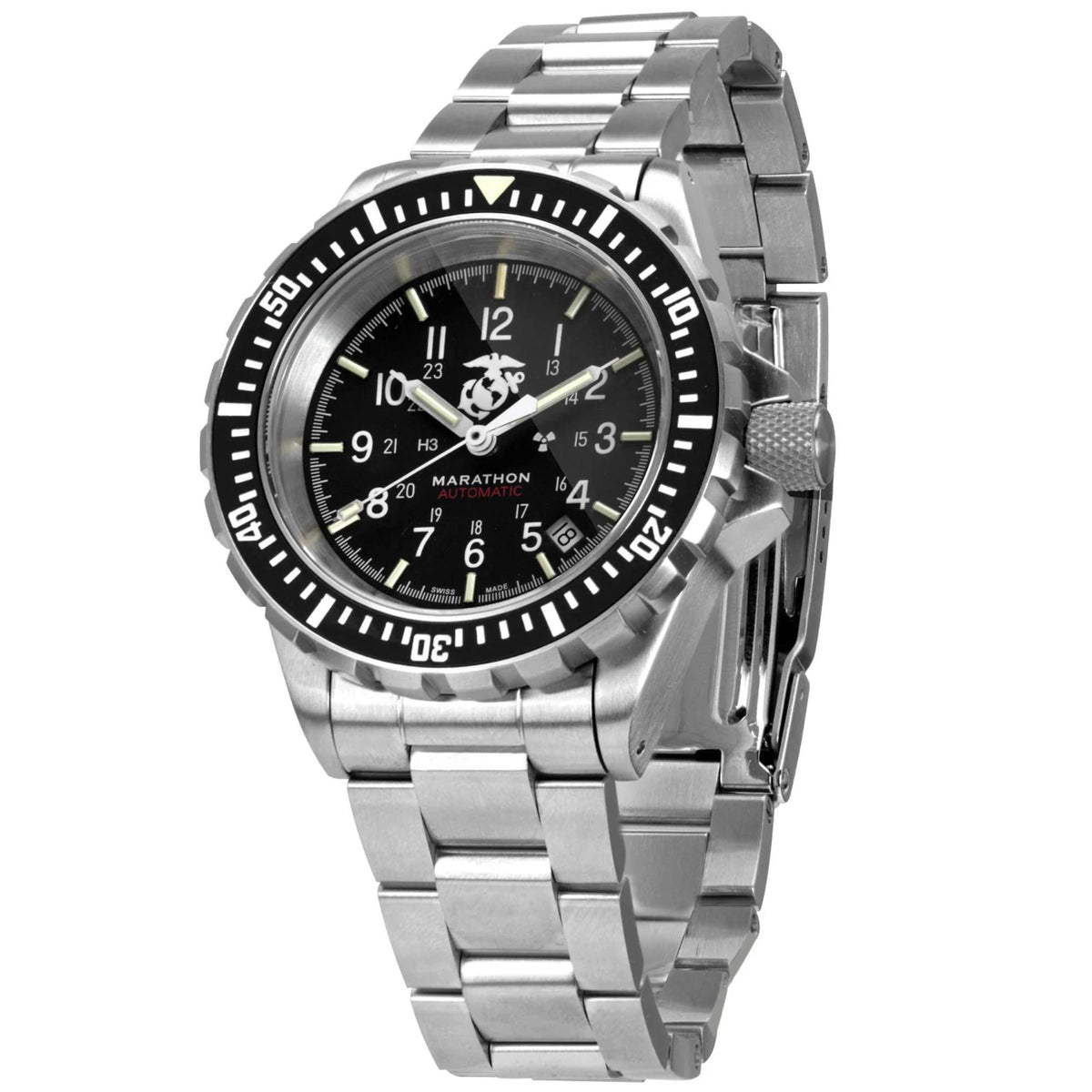 Marathon GSAR Official USMC WW194006SS-0208 automatic wristwatch with steel bracelet and rotating bezel