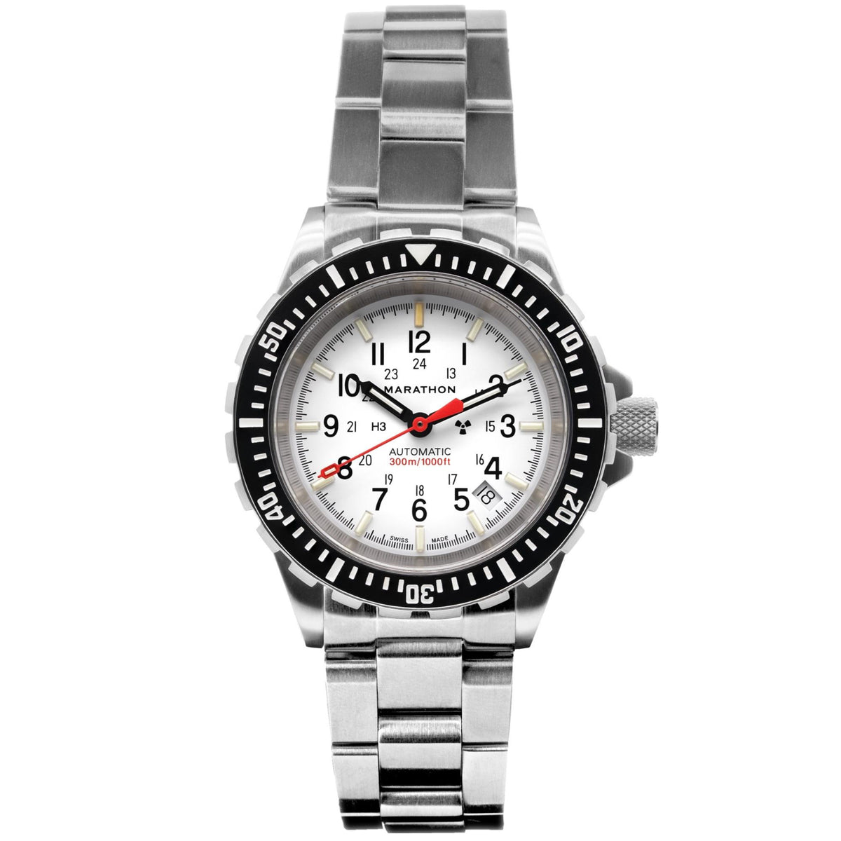 Front view of Marathon GSAR Arctic Edition WW194006SS-0513 mens automatic watch with white dial and stainless steel bracelet