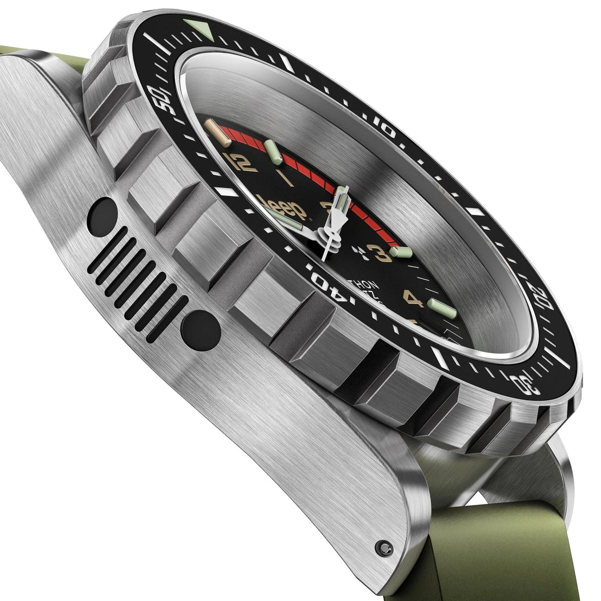 Marathon Jeep® Rubicon TSAR® WW194007SS-4101 quartz watch close-up displaying Jeep grille engraving on side of stainless steel case