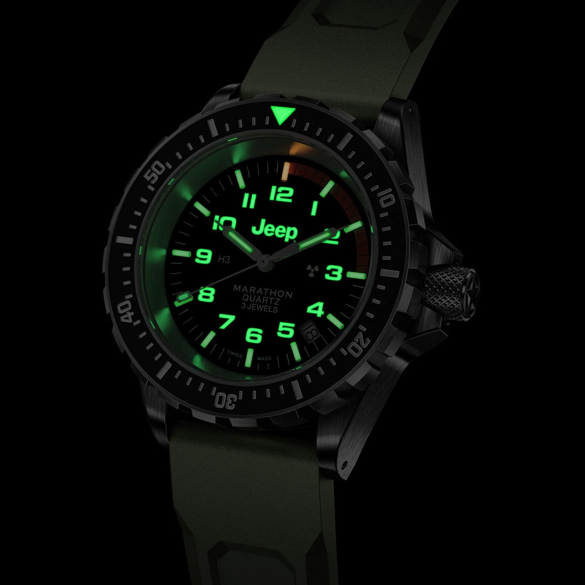 Marathon Jeep® Rubicon TSAR® WW194007SS-4101 mens quartz watch glowing green in dark settings