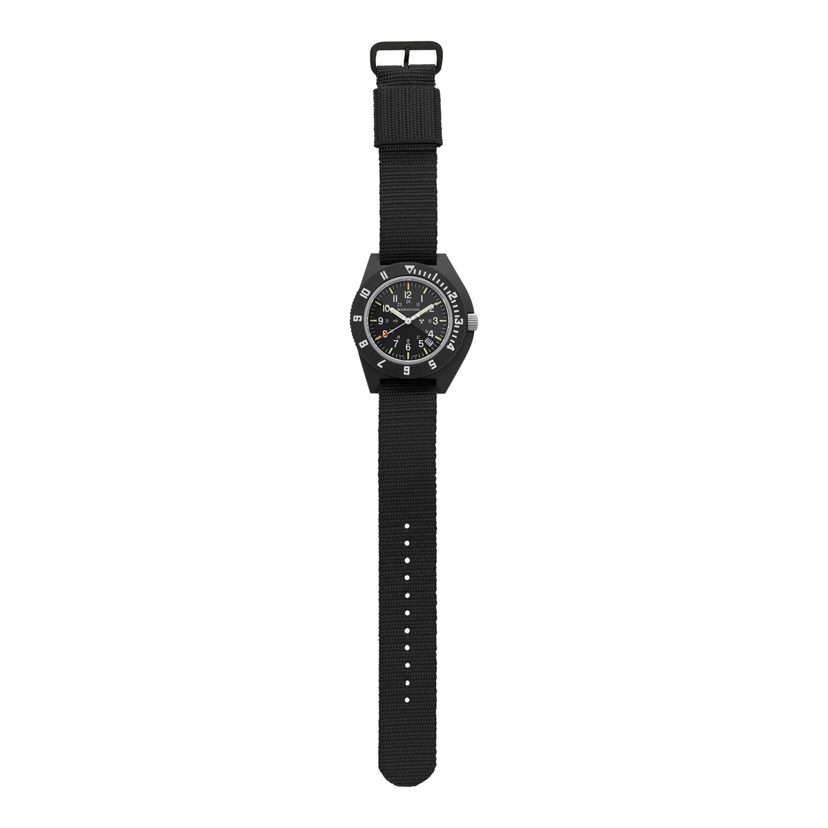 Marathon Navigator WW194013BK-0101 men's quartz watch displayed flat, showing a complete black nylon strap and buckle
