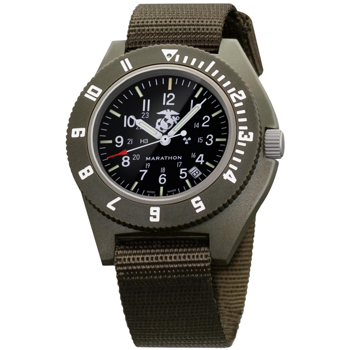 Marathon Navigator WW194013SG-0202 men's quartz watch displaying green case and rotating bezel