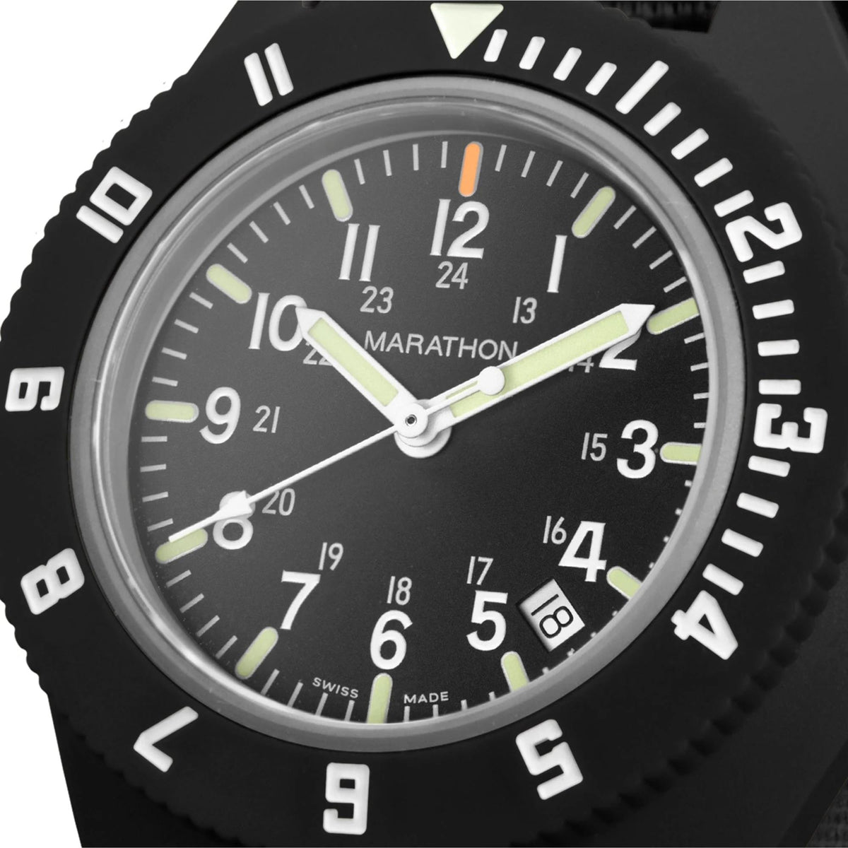 Close-up of Marathon Navigator WW194013BK-2102 watch showing black dial details and white numerals