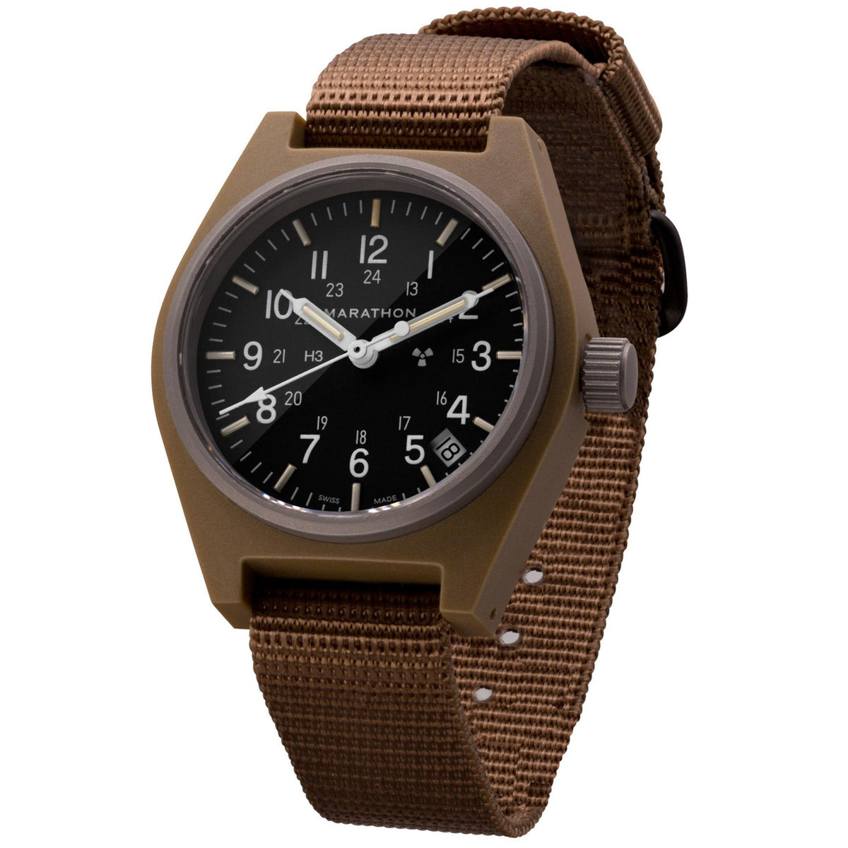Marathon General Purpose Field WW194015DT-0103 quartz watch displaying desert tan fibre shell case and textured nylon strap