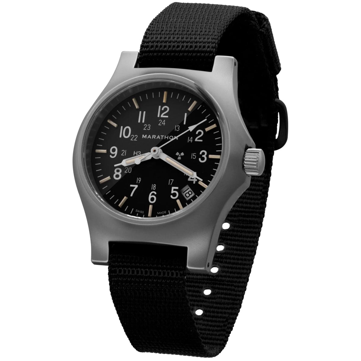 Marathon General Purpose Field WW194015SS-0108 quartz watch displaying steel case and nylon strap