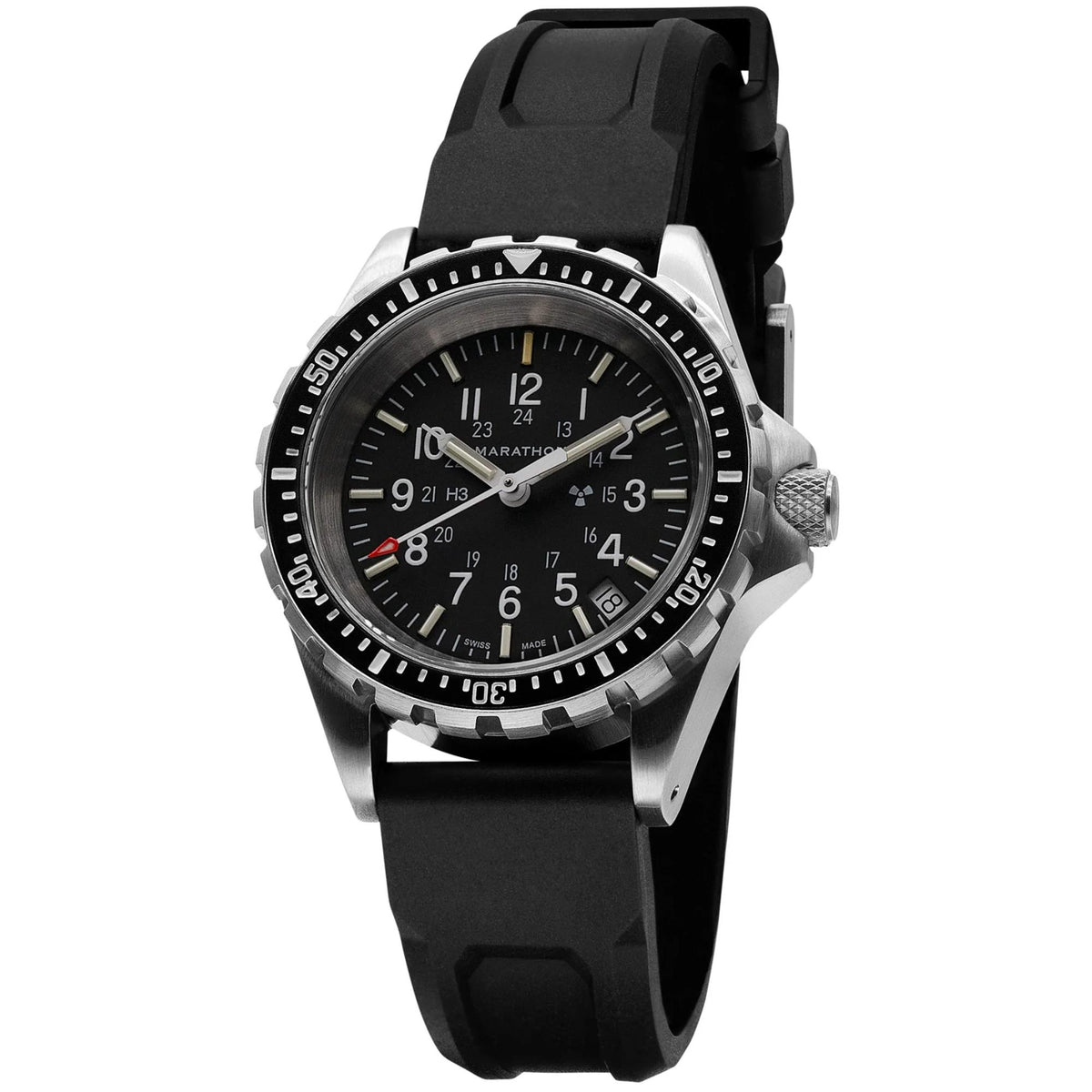 Marathon MSAR WW194027SS-0130 quartz watch displaying black dial and knurled screw-down crown