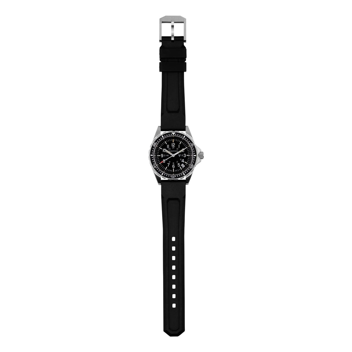 Marathon MSAR WW194027SS-0130 quartz watch showing full view of black rubber strap with silver buckle