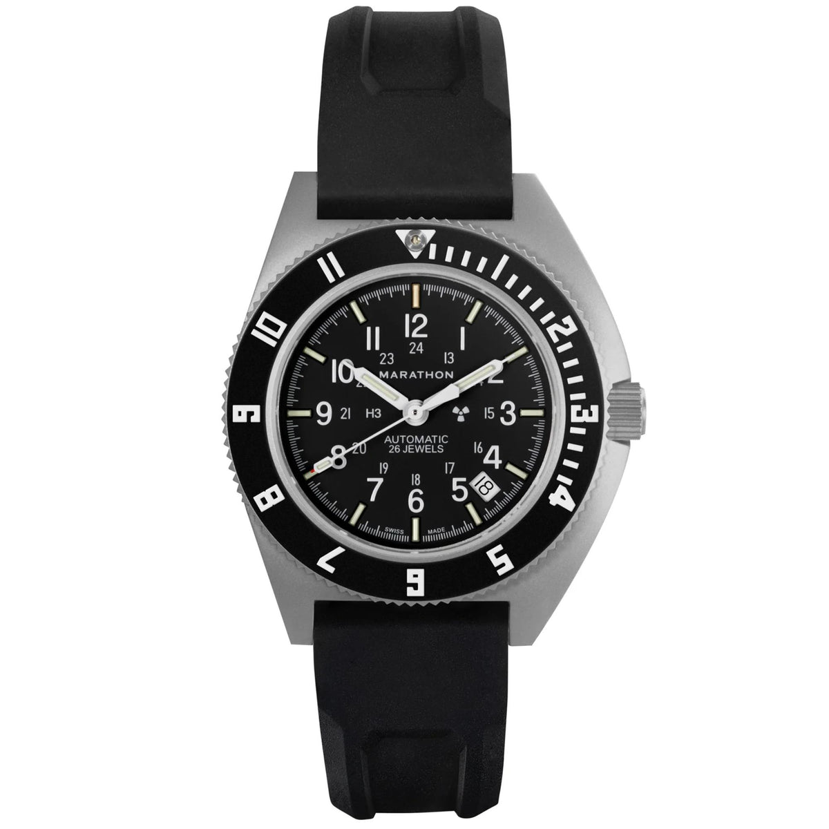 Marathon Navigator SSNAV-D WW194030SS-0130 automatic watch displaying black dial with black rubber strap and rotating bezel on plain background