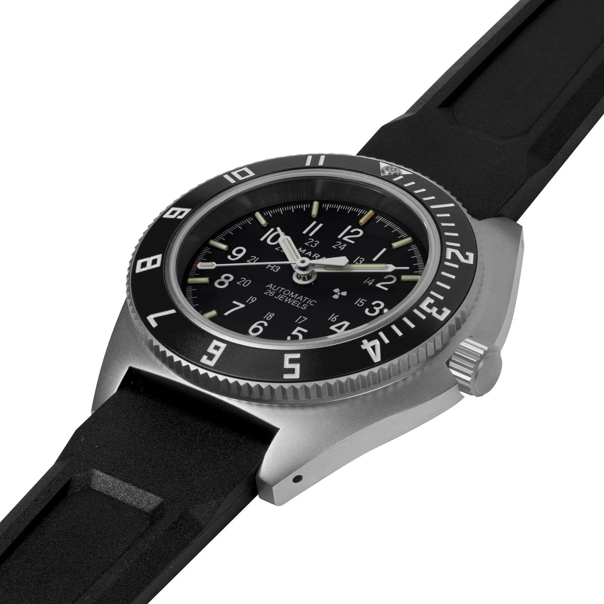 Marathon Navigator SSNAV-D WW194030SS-0130 automatic watch top perspective displaying steel case and black rubber strap