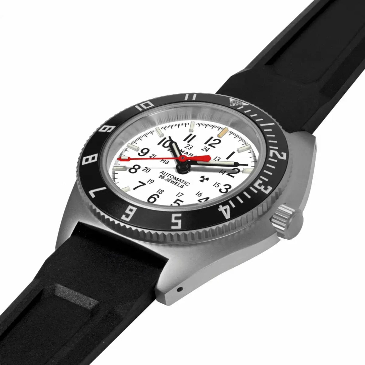 Marathon Navigator Arctic SSNAV-D watch top perspective displaying steel case and black rubber strap