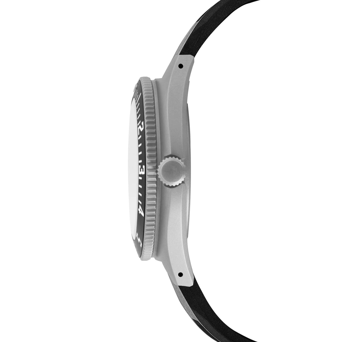 Marathon Navigator Arctic SSNAV-D WW194030SS-0530 automatic watch side profile showing stainless steel case with crown guard and black strap