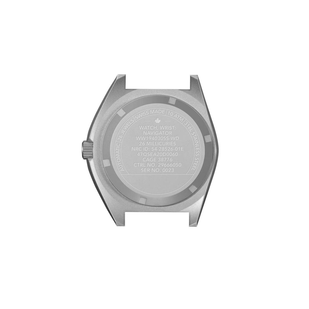 Marathon Navigator Arctic SSNAV-D WW194030SS-0530 automatic watch showing engraved stainless steel case back with military markings