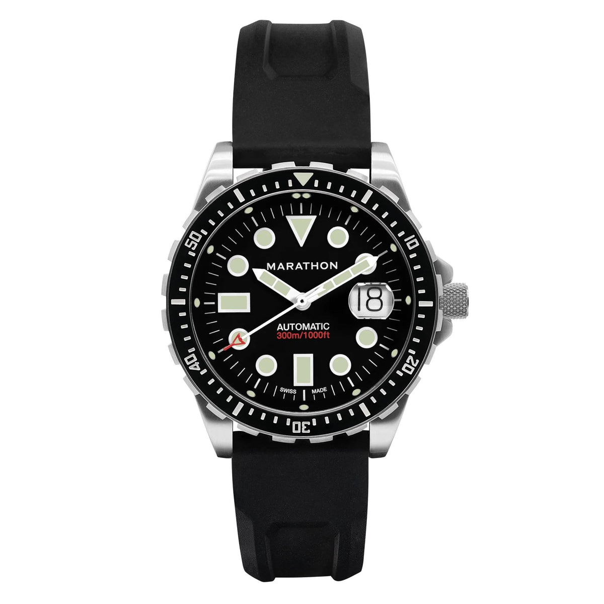 Marathon OSAR-D Original WW194037SS-2030 automatic watch displaying black dial with black rubber strap and diver bezel on white background