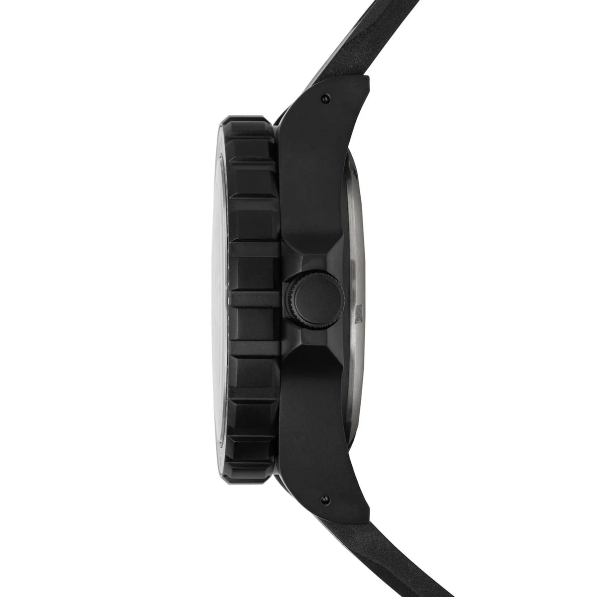 Marathon SAR Anthracite WW194021BK-0130 automatic watch side profile displaying black coated case with crown guard and black strap
