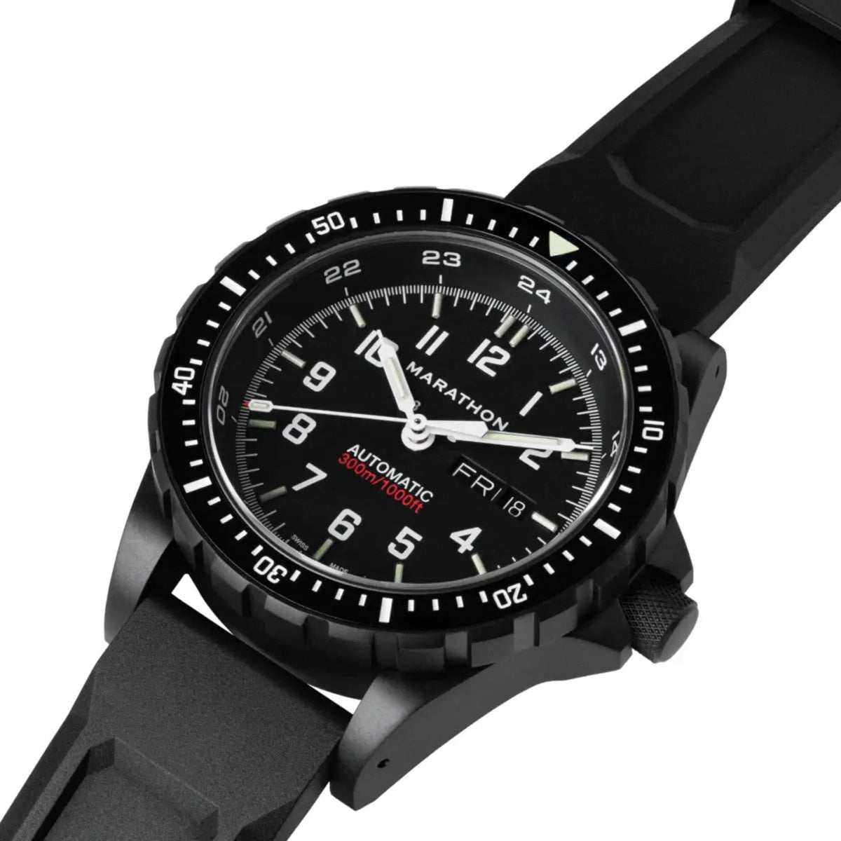 Marathon SAR Anthracite Jumbo Day/Date (JDD) WW194021BK-0130 automatic watch top perspective displaying black case and rubber strap