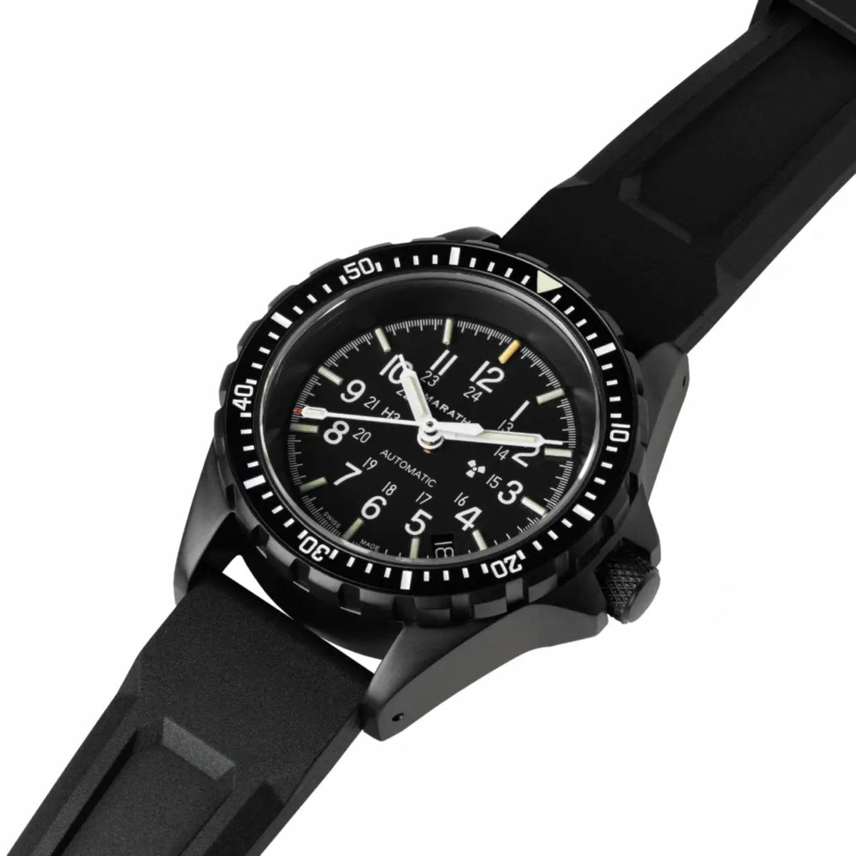 Marathon MSAR mens watch close perspective displaying textured bezel with black rubber strap