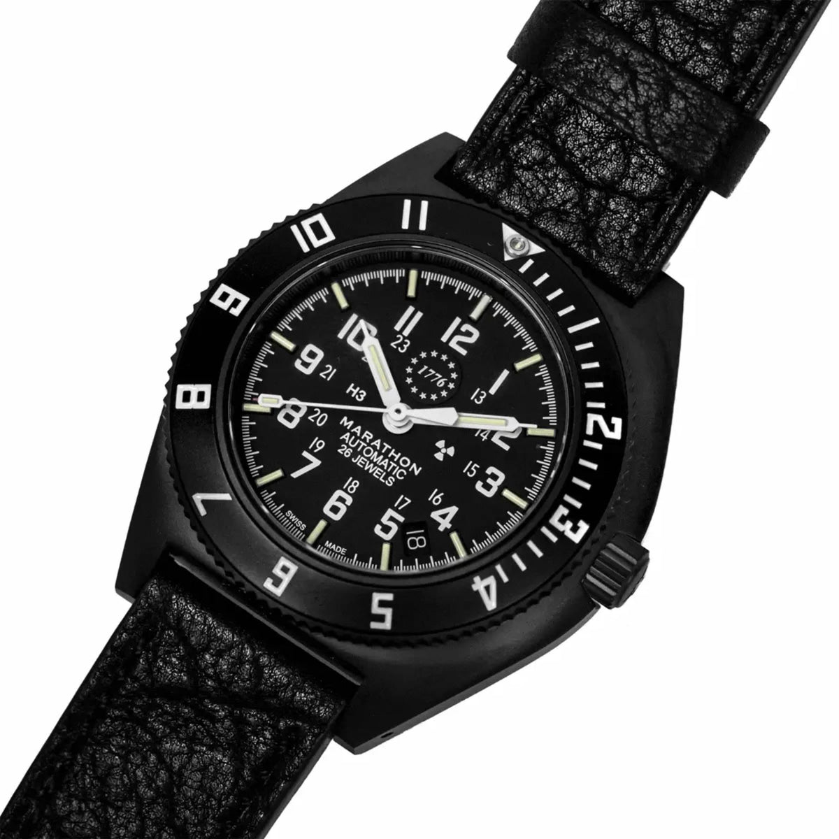 Marathon Navigator WW194030AN-US250 men's automatic watch close perspective displaying textured black leather strap and 1776 dial motif