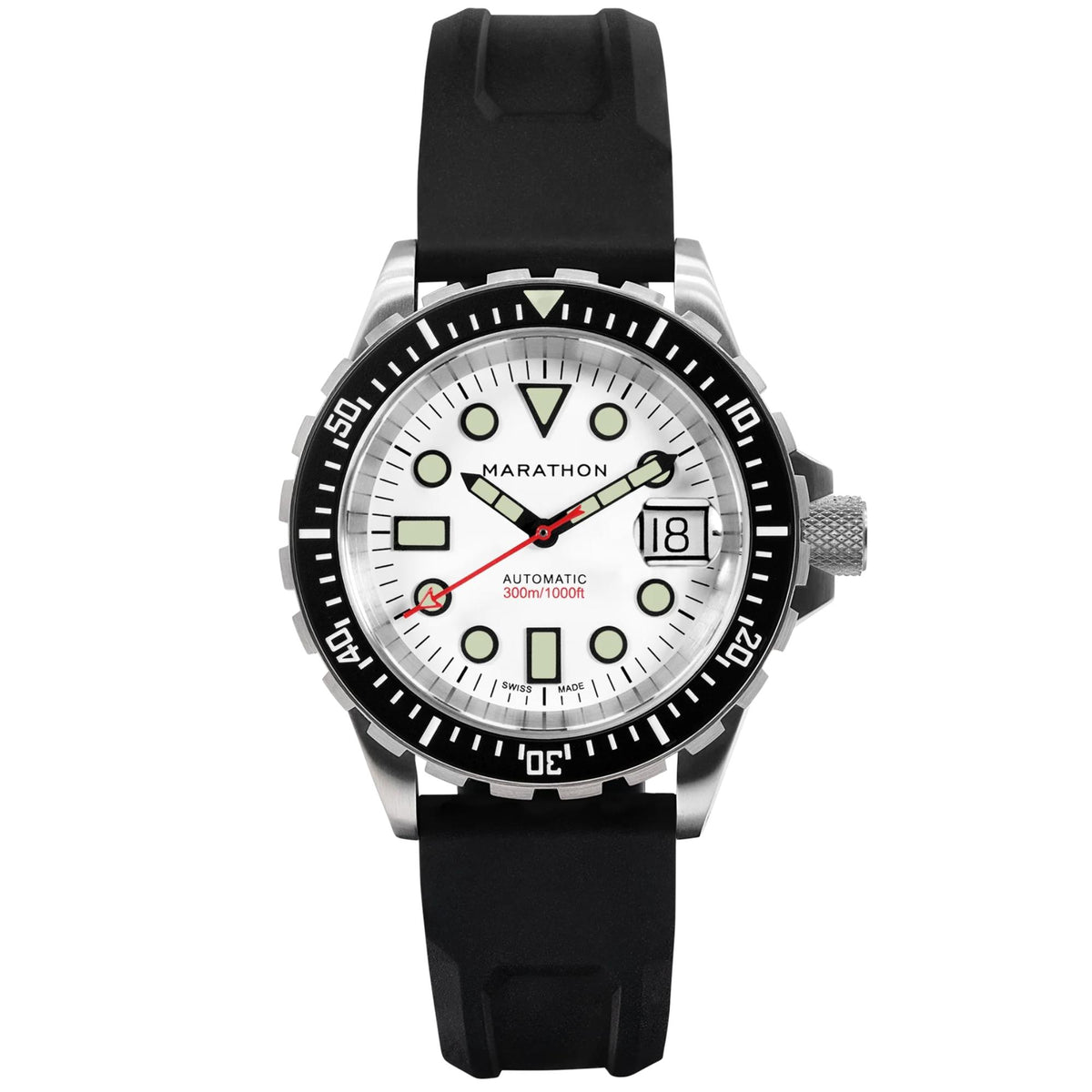 Marathon OSAR-D Arctic Original Watch WW194006SS-2530 showing white dial and black rubber strap on white background