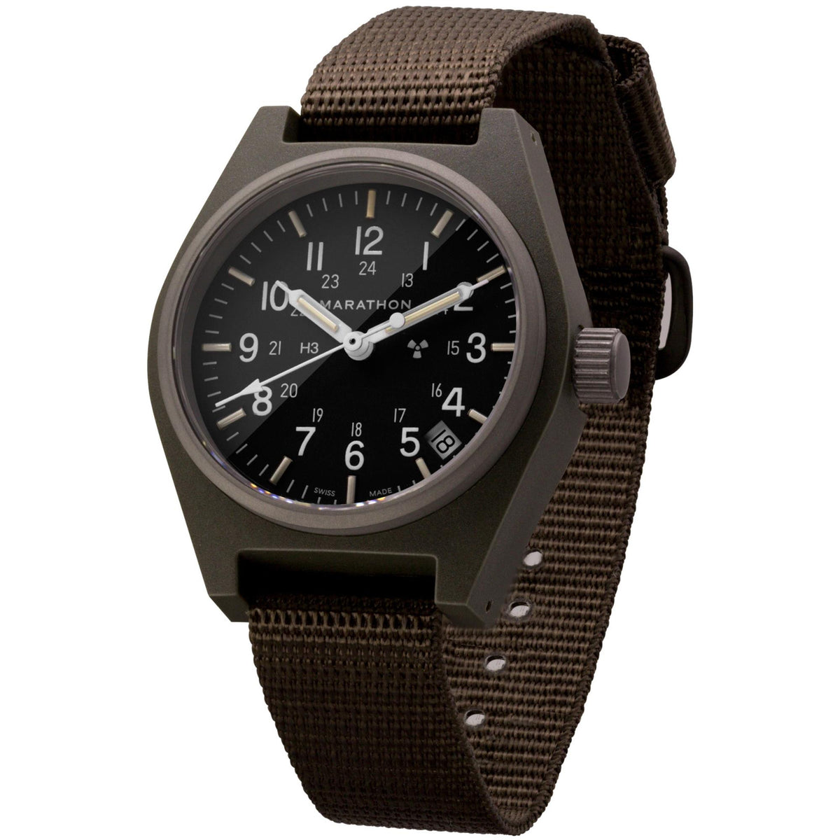 Marathon General Purpose Field WW194015SG-0103 quartz watch displaying composite case and sage green nylon strap