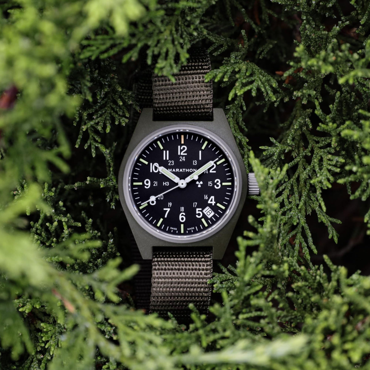 Marathon General Purpose Field WW194015SG-0103 mens quartz watch displayed amongst green pine foliage