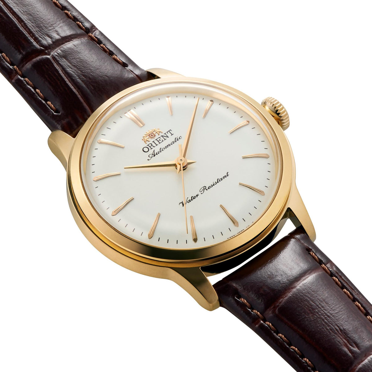 Orient Bambino RA-BB0101S30B case profile at 36mm with gold-tone case and brown leather strap