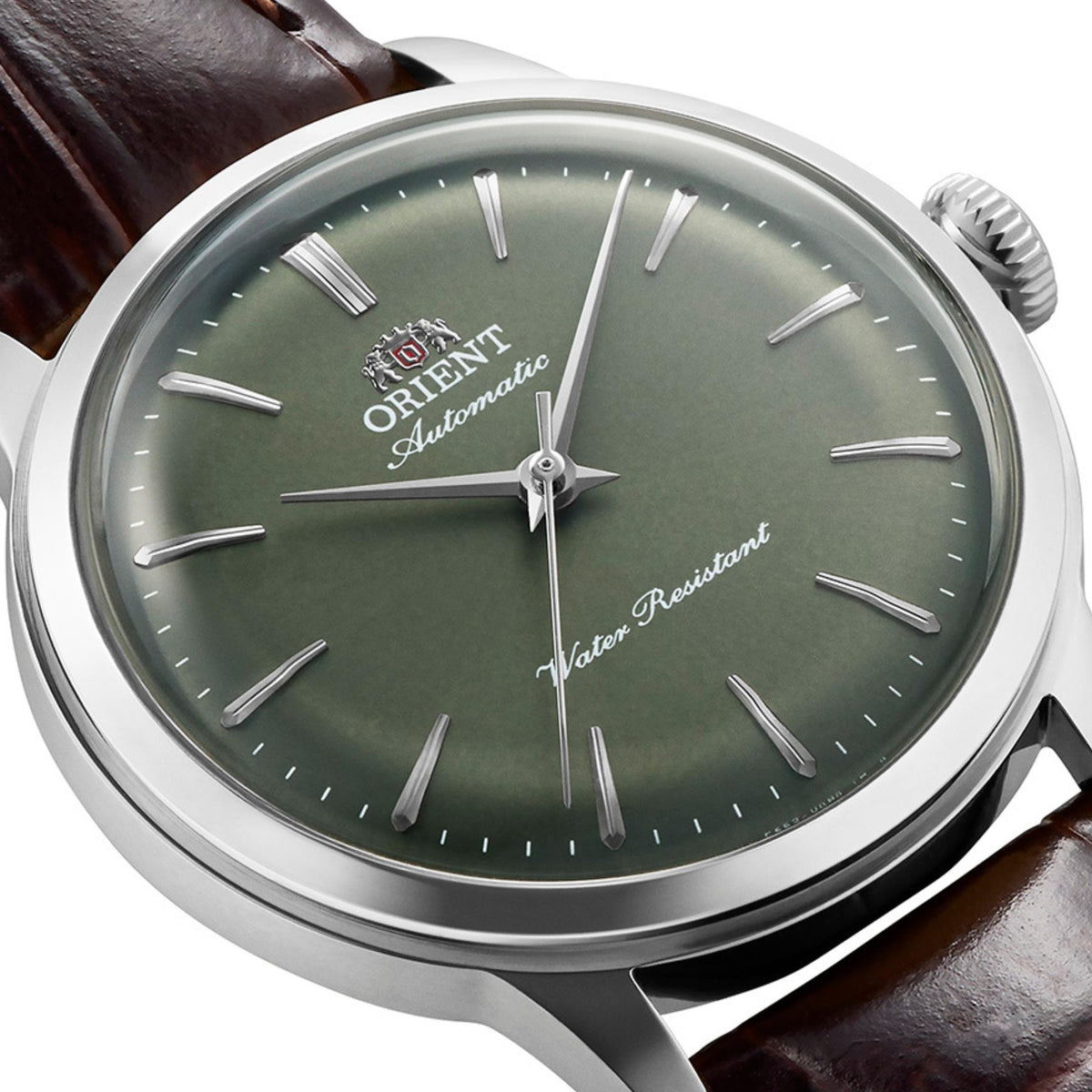 Crown and caseback detail on the Orient Bambino 36mm green dial watch RA-BB0102E30B