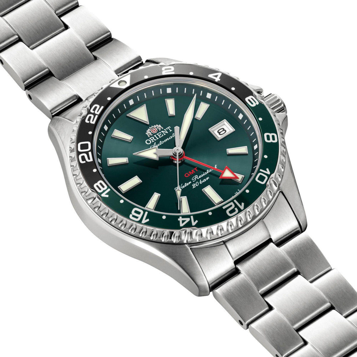 Orient Mako GMT RA-BC0002E30B case profile showing the green and black 24-hour GMT bezel