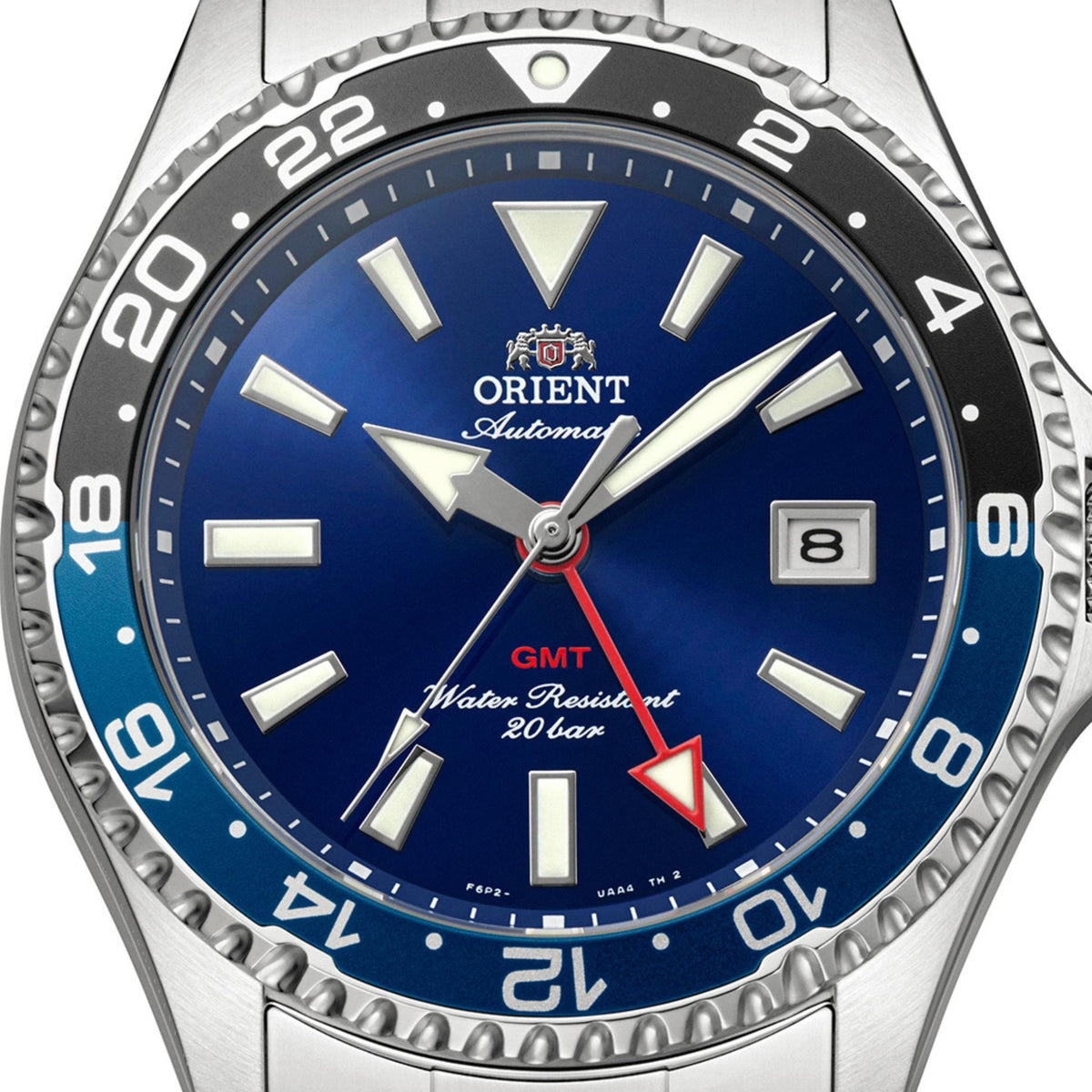 Close up of the blue dial, hour markers, and hands on the Orient Mako GMT RA-BC0003L30B