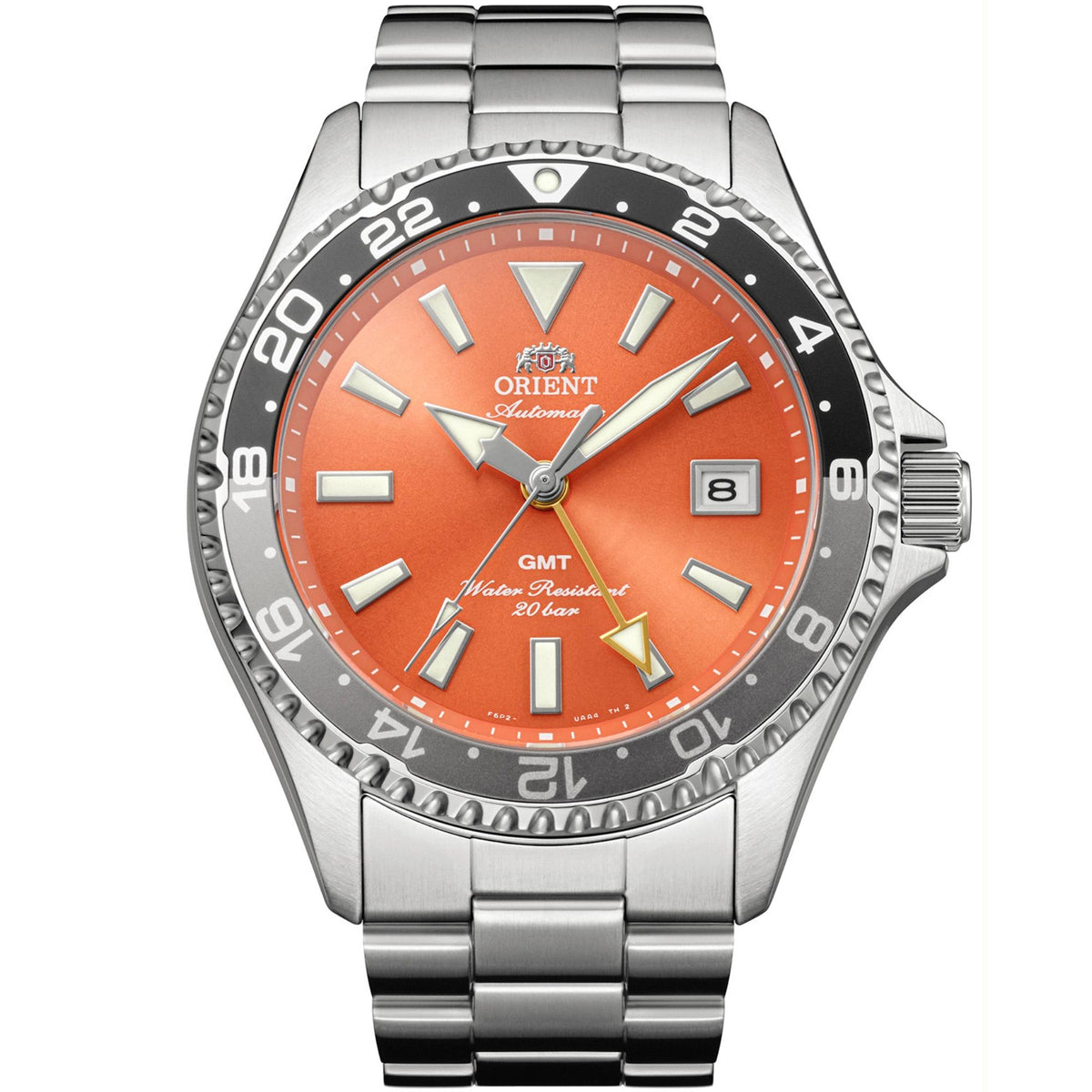 Front view of Orient Mako GMT orange dial automatic watch RA-BC0004Y30B with stainless steel case