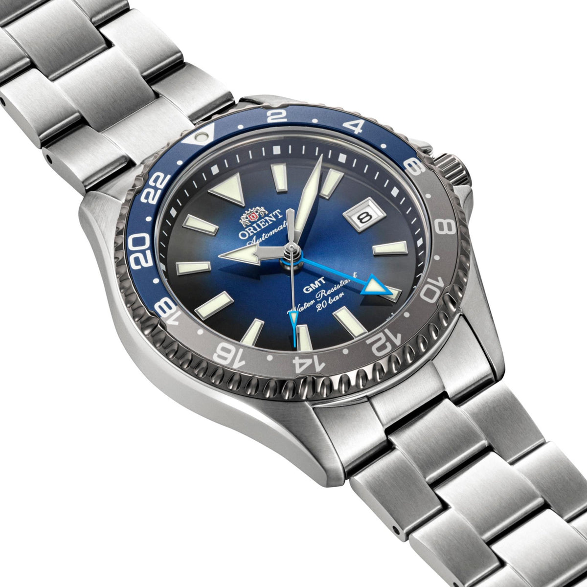 Angled view of Orient Mako GMT Limited Edition RA-BC0005L30B watch case profile showing the blue and black 24-hour GMT bezel