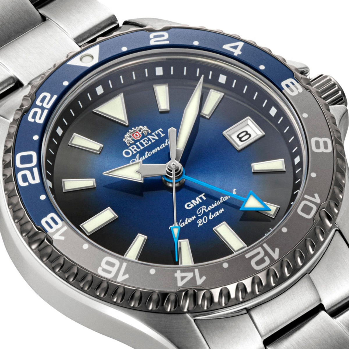 Orient Mako GMT Limited Edition mens automatic watch RA-BC0005L30B showing its blue dial, hands, hour markers with a 24-hour GMT bezel
