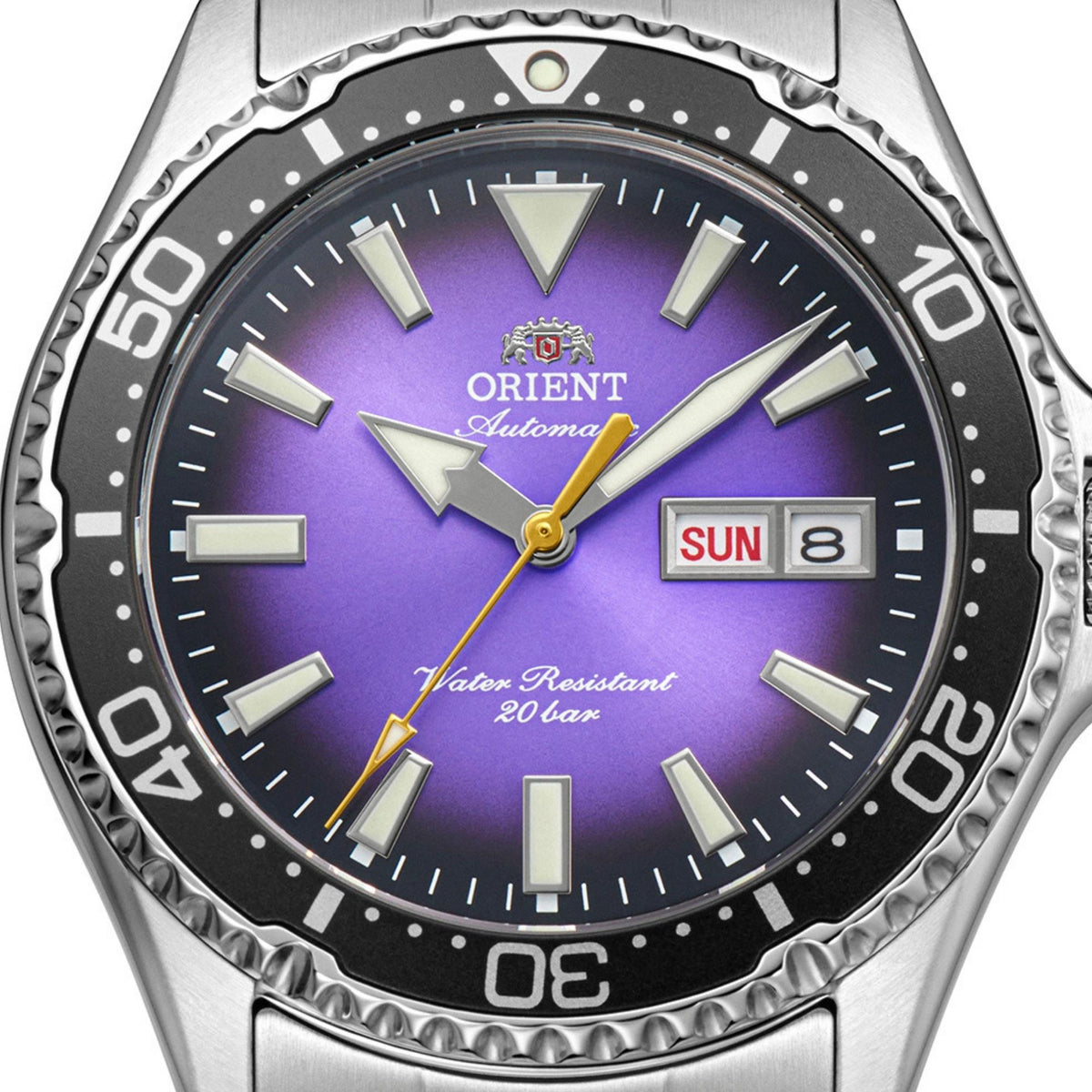 Close-up view of the purple dial, hour markers, and hands on the Orient Mako Kamasu limited-release RA-AA0827V39B