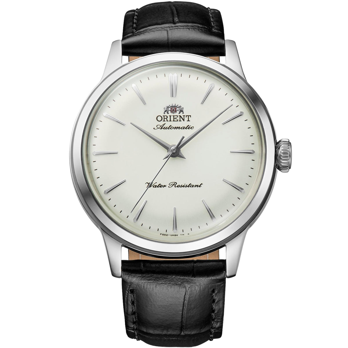 Front view of Orient Bambino 36mm white dial automatic dress watch RA-BB0103S30B