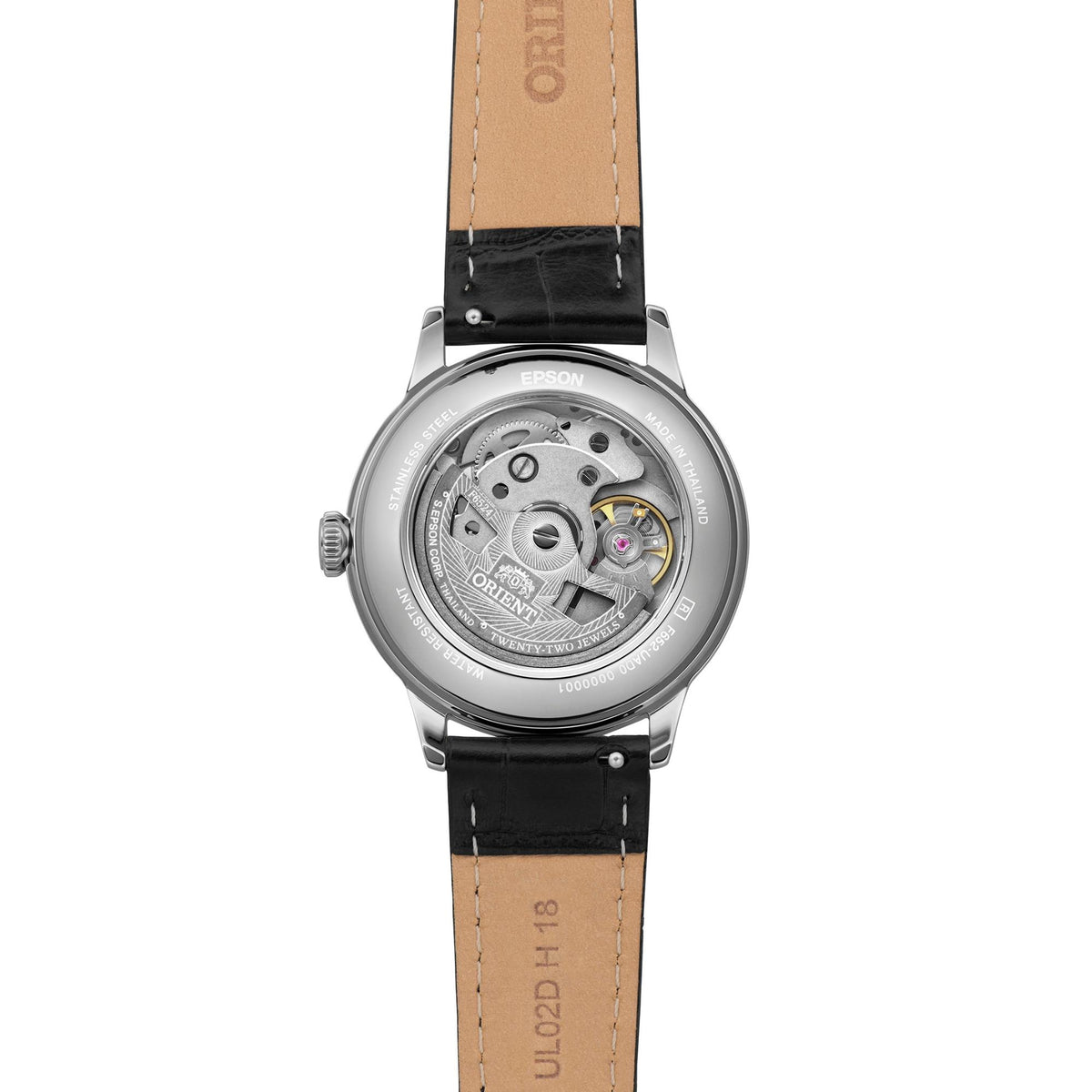 Orient Bambino RA-BB0103S30B showcasing its exhibition caseback, revealing its automatic movement and black leather strap inner lining